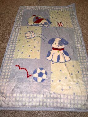 Vintage Light Blue Puppy Baby Blanket Soft Plush Luxe Soccer Baseball Basketball